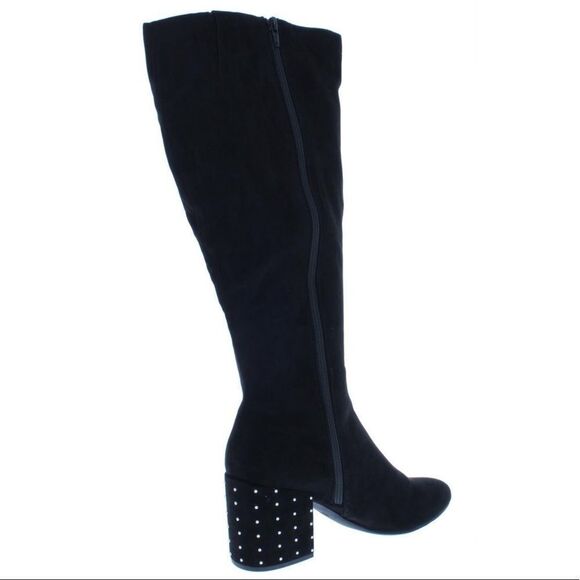 Black Micro Suede Wrap Rivets Block Heel Calf Tall Knee Boots NEW - Picture 2 of 4